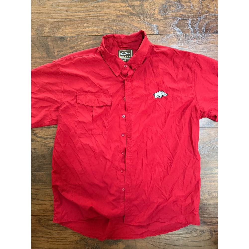 Drake Waterfowl Arkansas Razorbacks Shirt Mens XL Red Short Sleeve Ripstop Vente